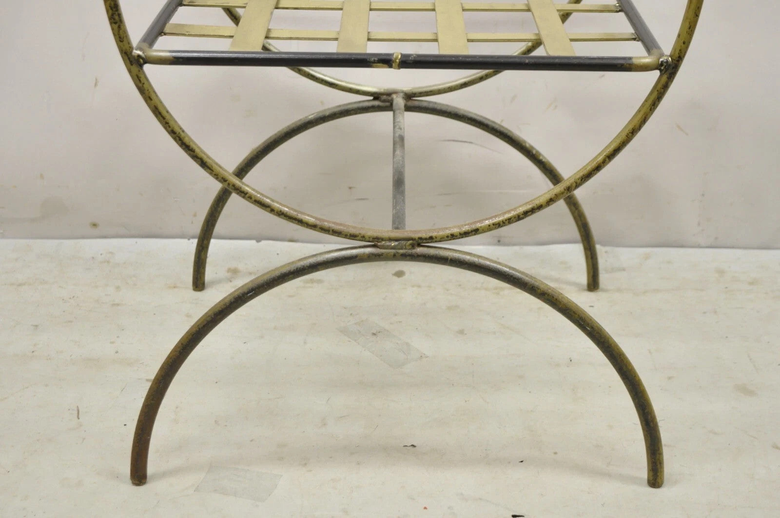 Vintage Neoclassical Style Wrought Iron Curule Savonarola X-Form Bench Chair