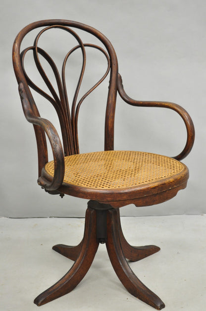 Antique Arts & Crafts Michael Thonet Oak Bentwood & Cane Swivel Captains Chair