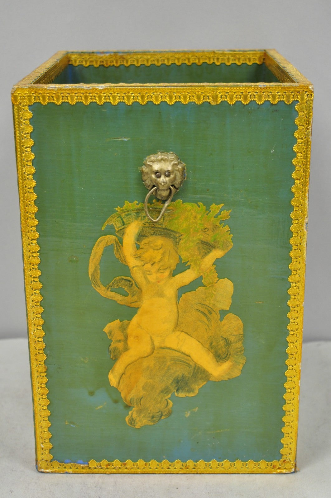 Vintage Italian Venetian Decoupage Green Gold Papier Mache Wastebasket Trash Can