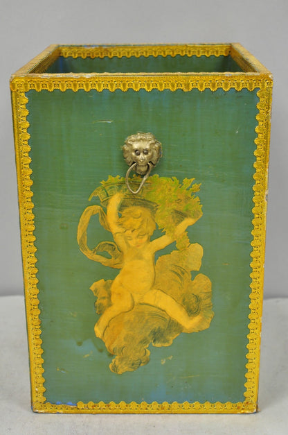 Vintage Italian Venetian Decoupage Green Gold Papier Mache Wastebasket Trash Can