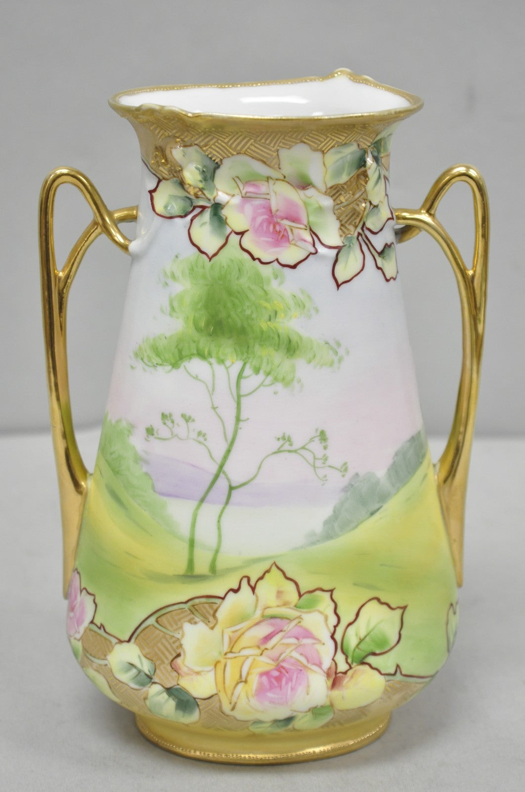 Antique Nippon Hand Painted Porcelain Twin Handle Vase w /Flowers & Lake Scene