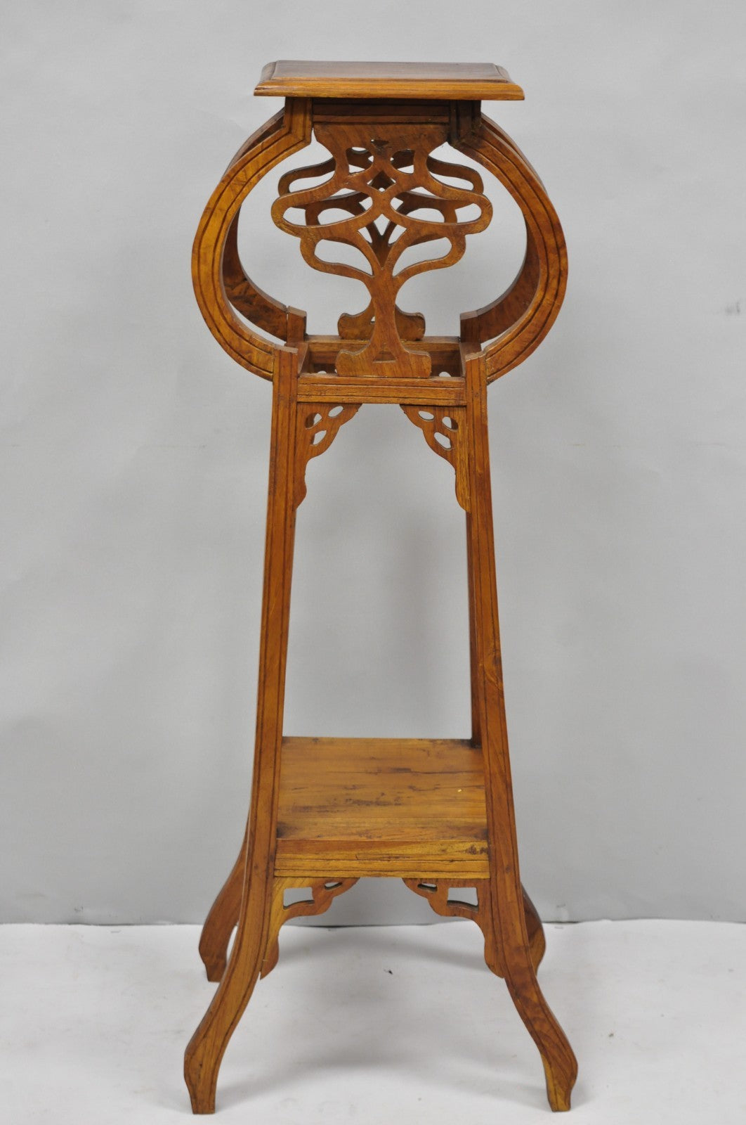 Vintage French Art Nouveau Style Carved Teak Pedestal Plant Stand Side Table