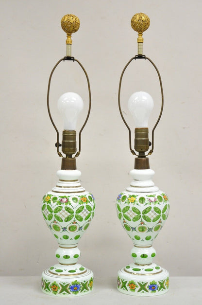 Antique Czech Bohemian Glass Emerald Green Flower Painted Table Lamps - a Pair