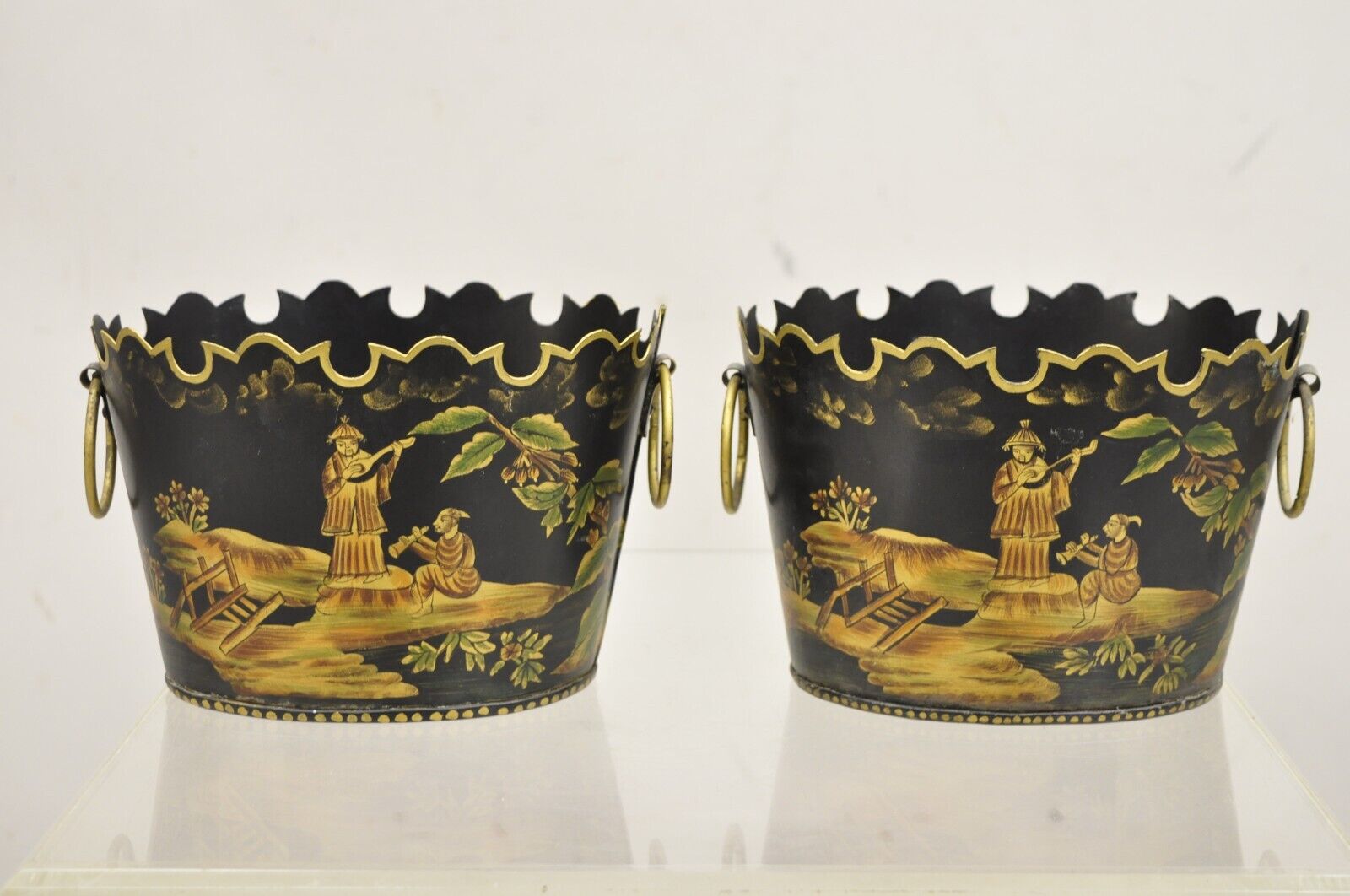 Scalloped Italian Hand Painted Toleware Chinoiserie Black Metal Planter - A Pair