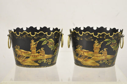 Scalloped Italian Hand Painted Toleware Chinoiserie Black Metal Planter - A Pair