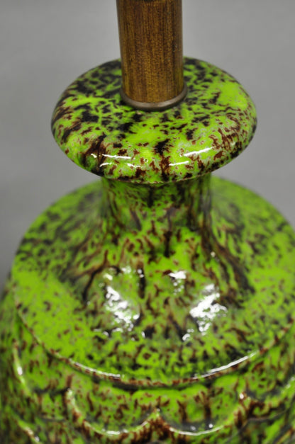 Vintage Mid Century Modern Green Lava Glazed Ceramic Pierced Table Lamps - Pair
