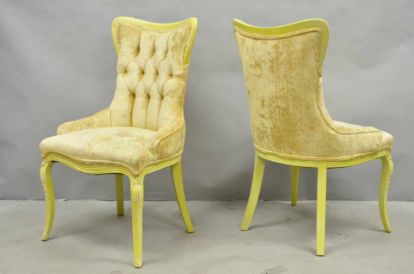 Vintage French Hollywood Regency Yellow Tufted Drape Carved Side Chairs - a Pair