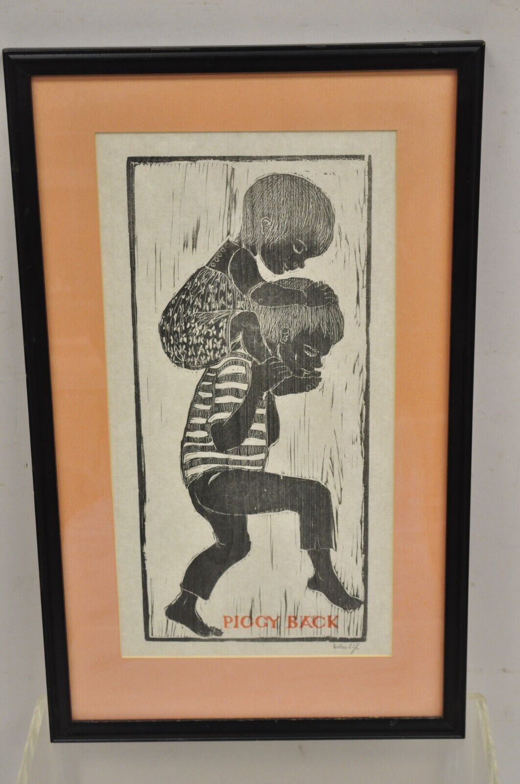 Vintage Helen Siegl "Piggy Back" 1950s Woodcut Print Framed Mid Century Art