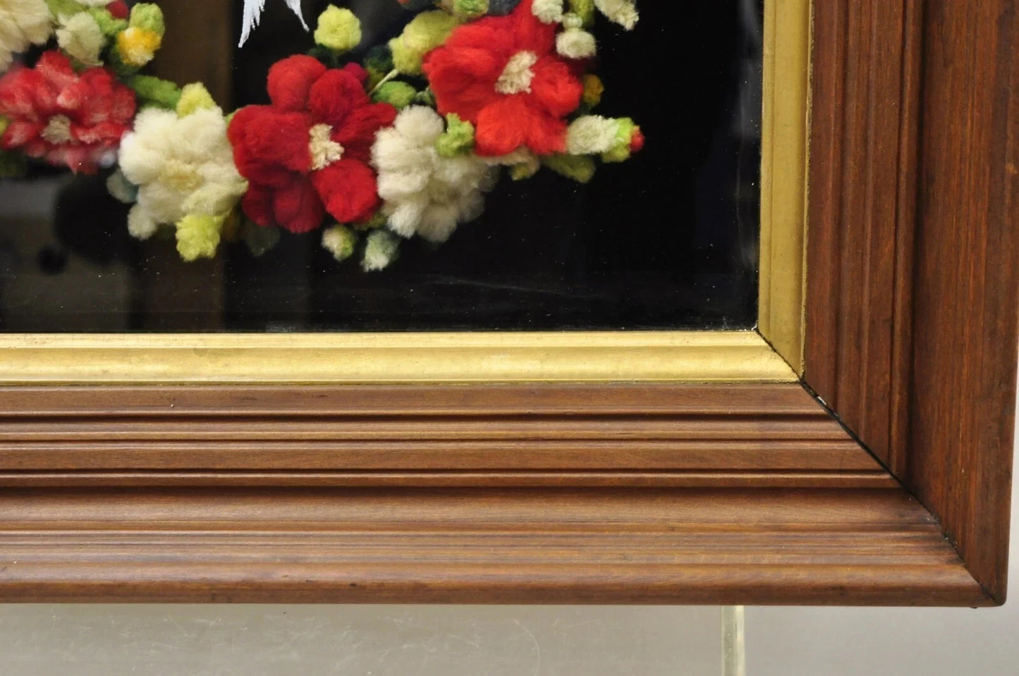 Victorian Mahogany Deep Shadow Box Frame Felt Cotton Mourning Wreath Wall Art