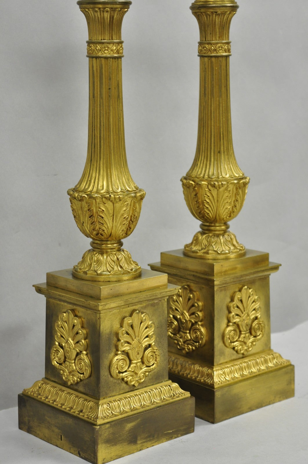 Antique French Empire Neoclassical Bronze Candlestick Column Table Lamps a Pair