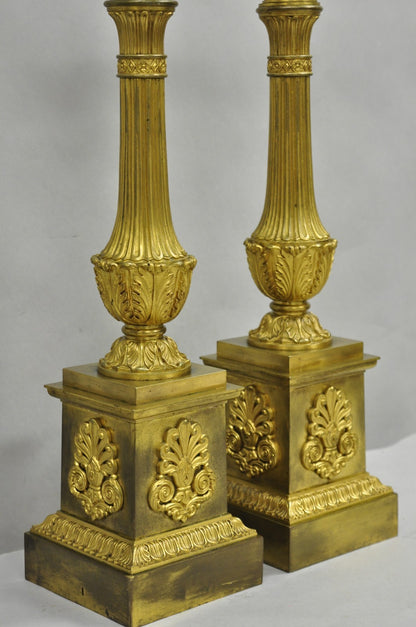 Antique French Empire Neoclassical Bronze Candlestick Column Table Lamps a Pair