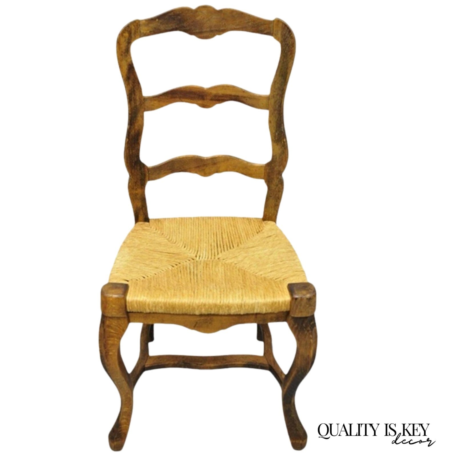 Vintage French Country Distressed Wood Ladder Back Rush Seat Side Chair