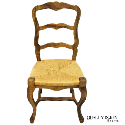 Vintage French Country Distressed Wood Ladder Back Rush Seat Side Chair