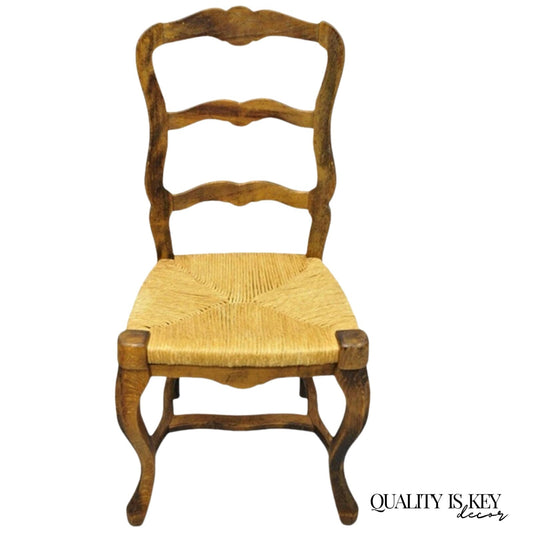 Vintage French Country Distressed Wood Ladder Back Rush Seat Side Chair
