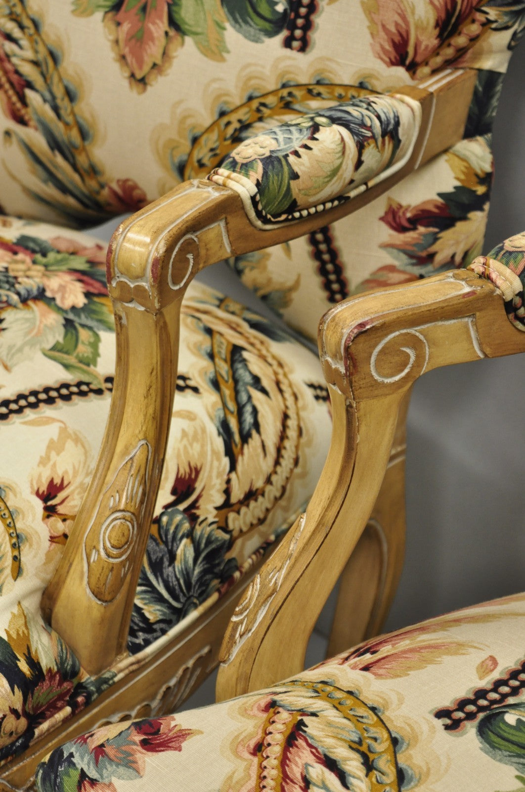 Vintage French Country Louis XV Style Carved Wood Lounge Arm Chairs - a Pair
