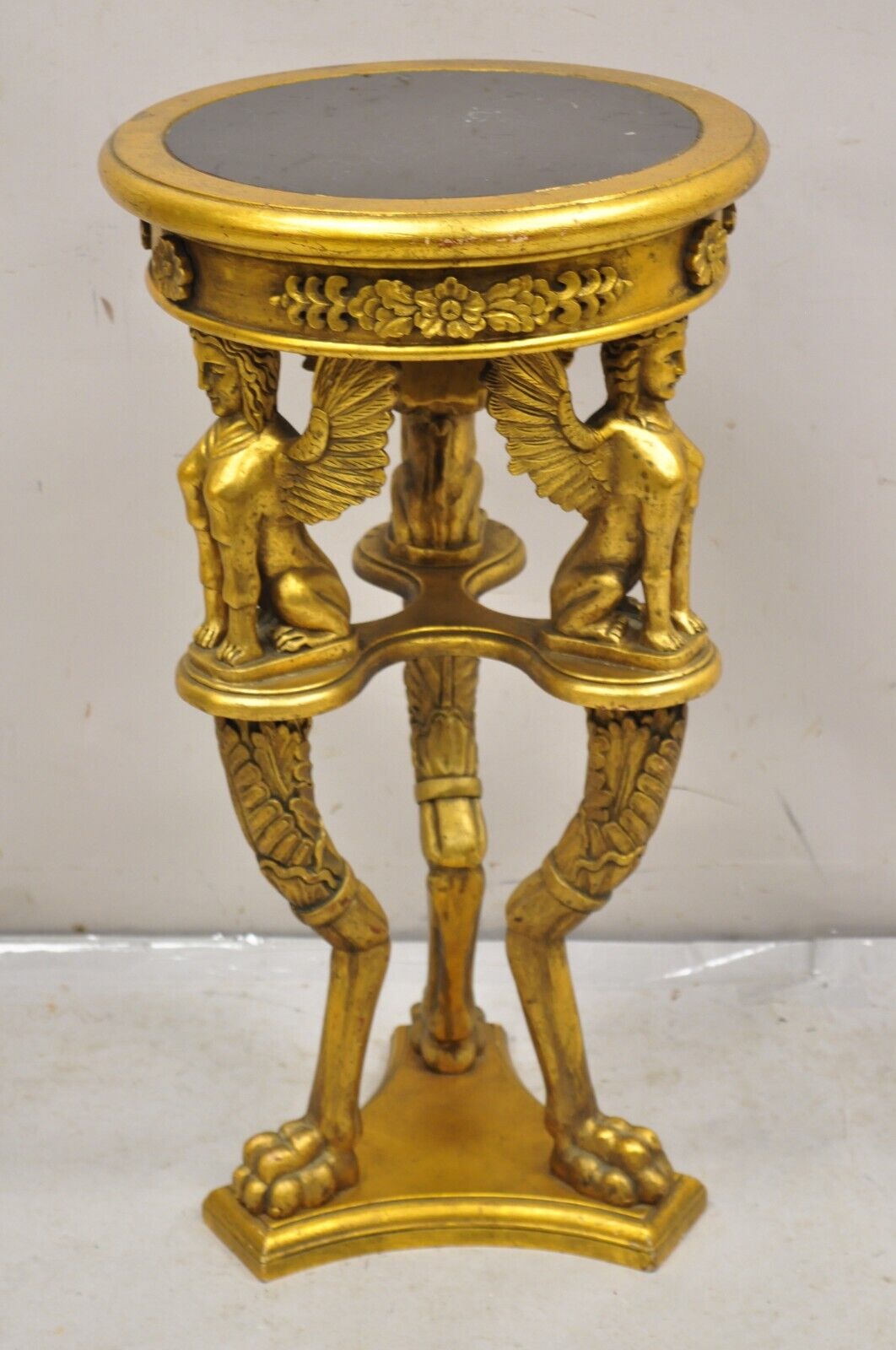 Egyptian Revival Gold Giltwood Round Marble Top Figural Pedestal Plant Stand