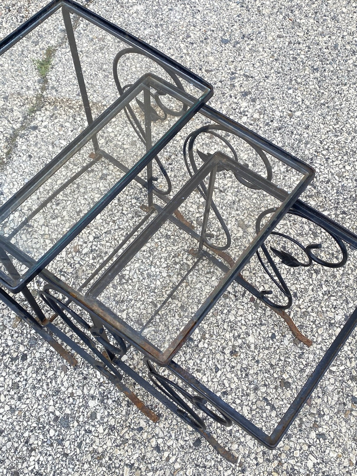 Vintage Art Nouveau Salterini Wrought Iron Garden Nesting Side Tables - 3 Pc Set