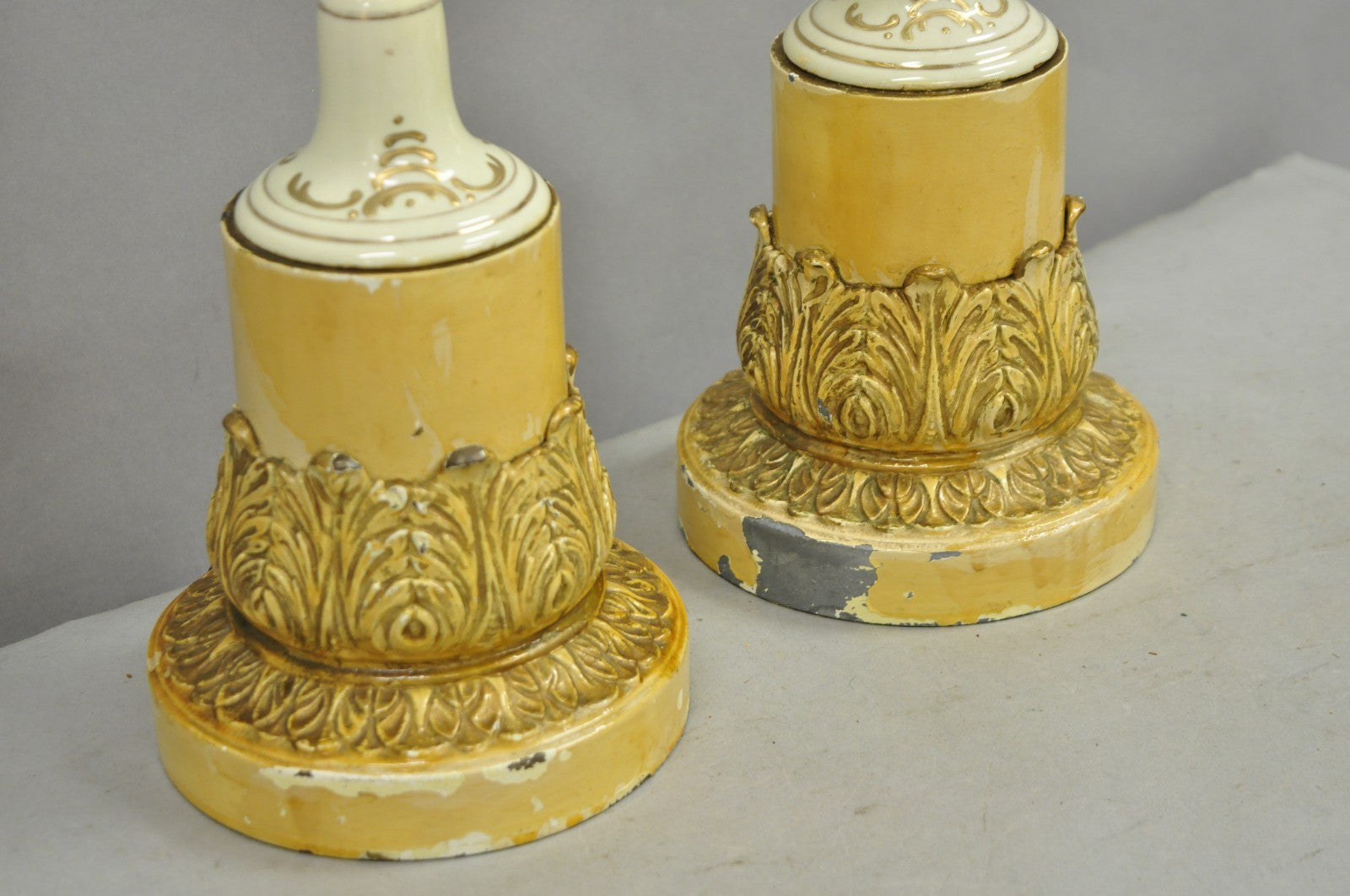 Antique French Renaissance Slender Porcelain Urn Hand Painted Table Lamps - Pair