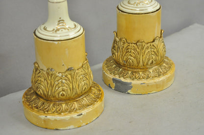 Antique French Renaissance Slender Porcelain Urn Hand Painted Table Lamps - Pair
