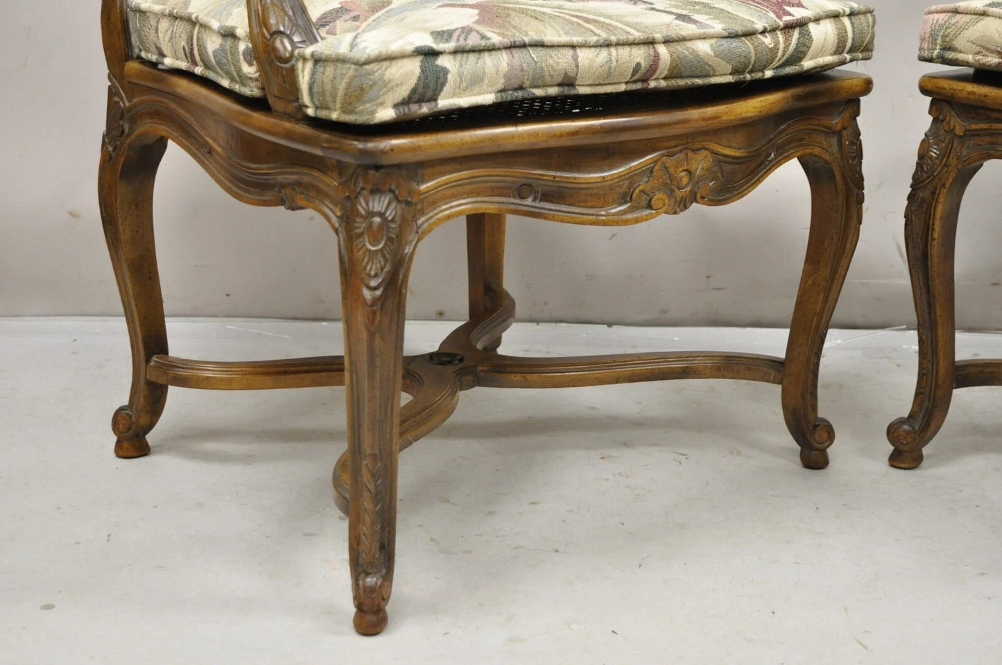 Vintage French Country Louis XV Style Upholstered Cane Lounge Arm Chairs - Pair