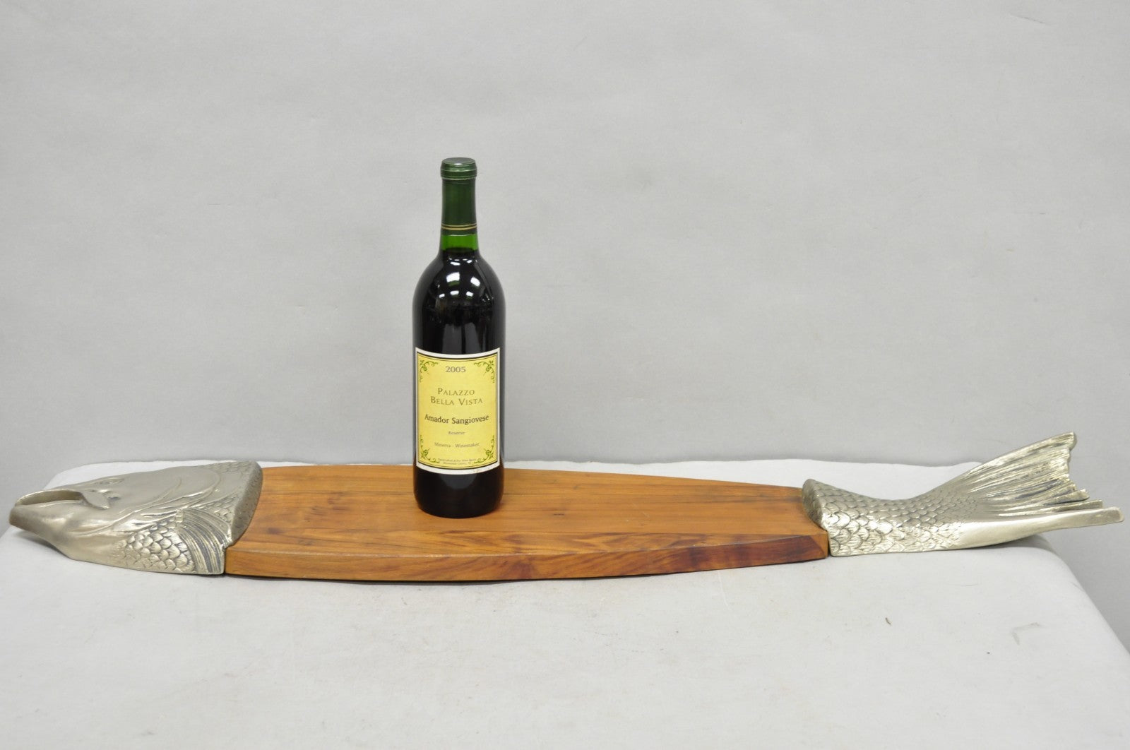 Vintage Mid Century Modern Teak Wood & Metal Fish Serving Platter Cutting Board