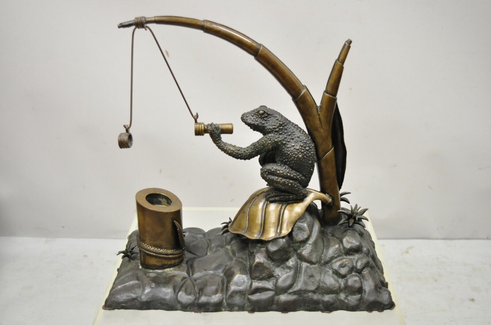 Maitland Smith Bronze Toad Frog Lily Pad Inkwell Pen Holder 18" Sculpture Statue