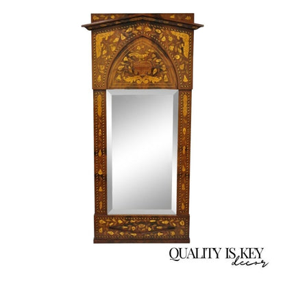 19th Century Satinwood Dutch Marquetry Inlaid Beveled Glass Console Wall Mirror