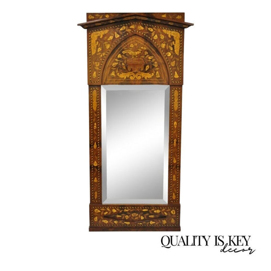 19th Century Satinwood Dutch Marquetry Inlaid Beveled Glass Console Wall Mirror