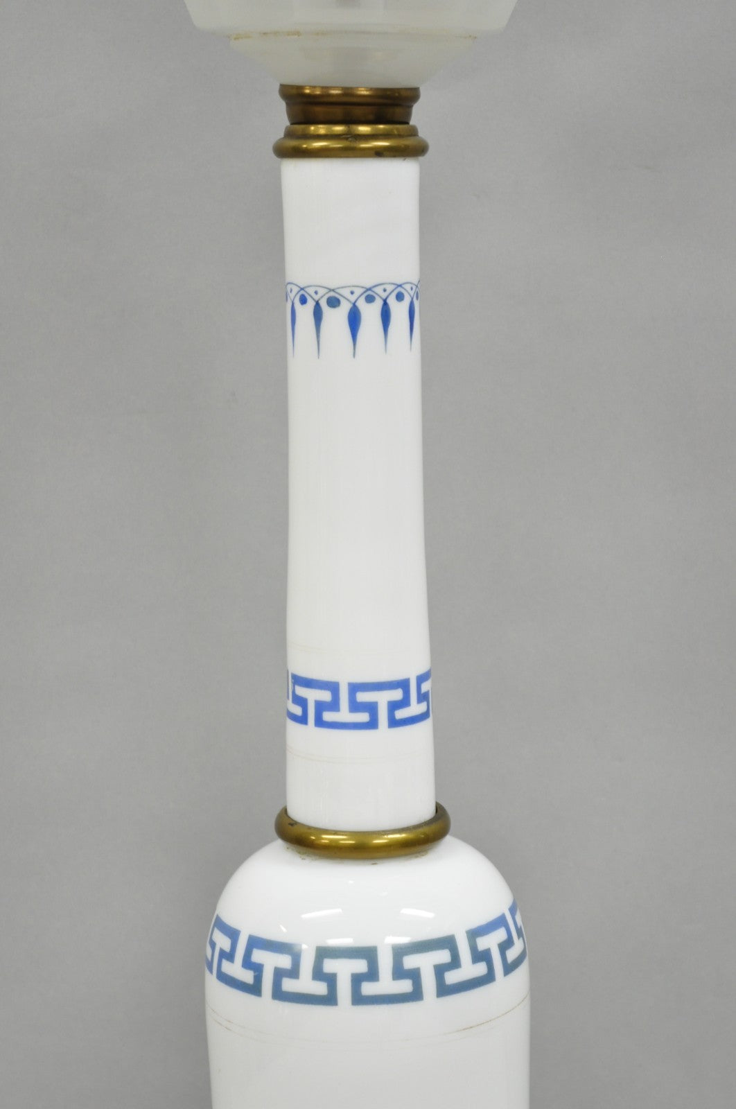 Vintage Italian Neoclassical White Milk Glass Column Blue Greek Key Table Lamp
