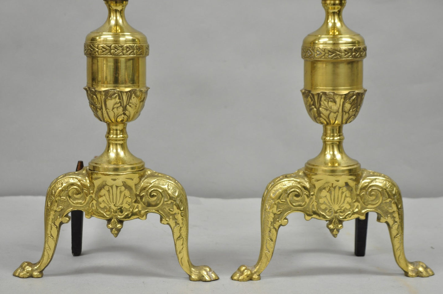 Antique French Empire Style Brass Paw Foot Column Cast Iron Andirons - a Pair