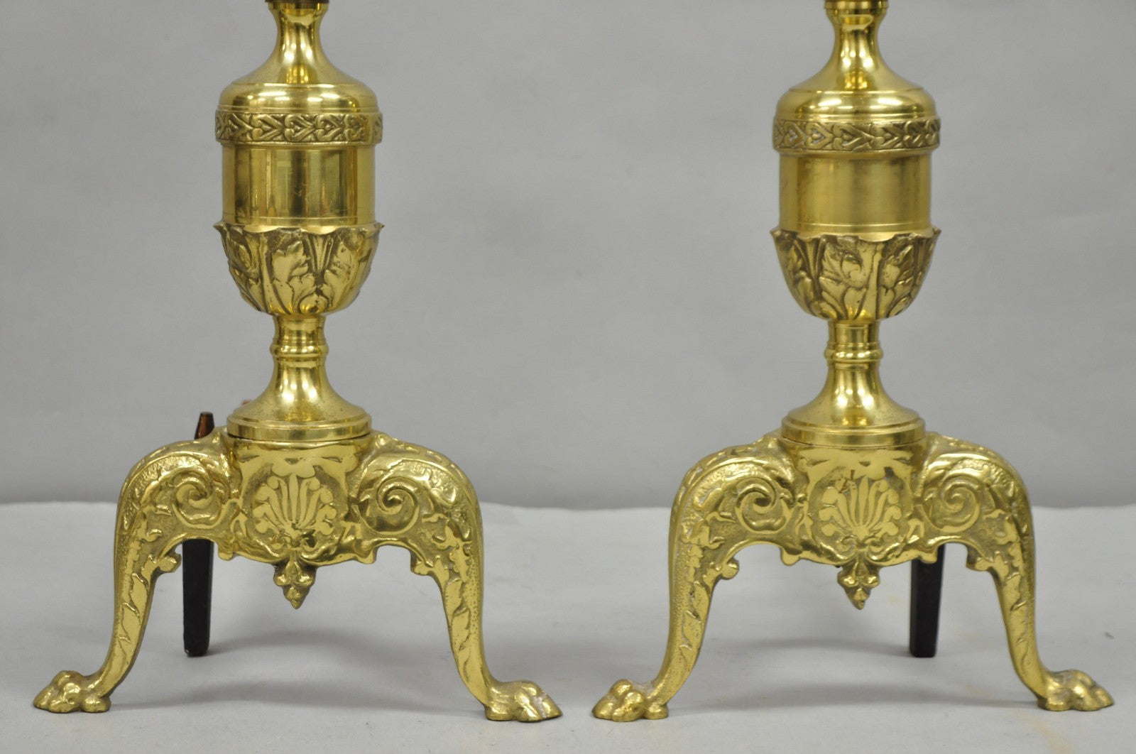 Antique French Empire Style Brass Paw Foot Column Cast Iron Andirons - a Pair