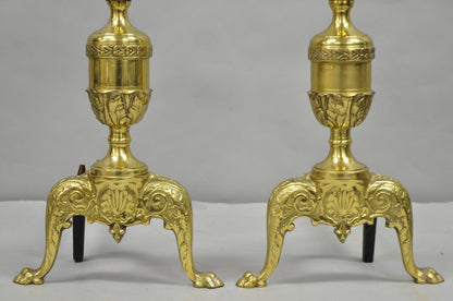 Antique French Empire Style Brass Paw Foot Column Cast Iron Andirons - a Pair