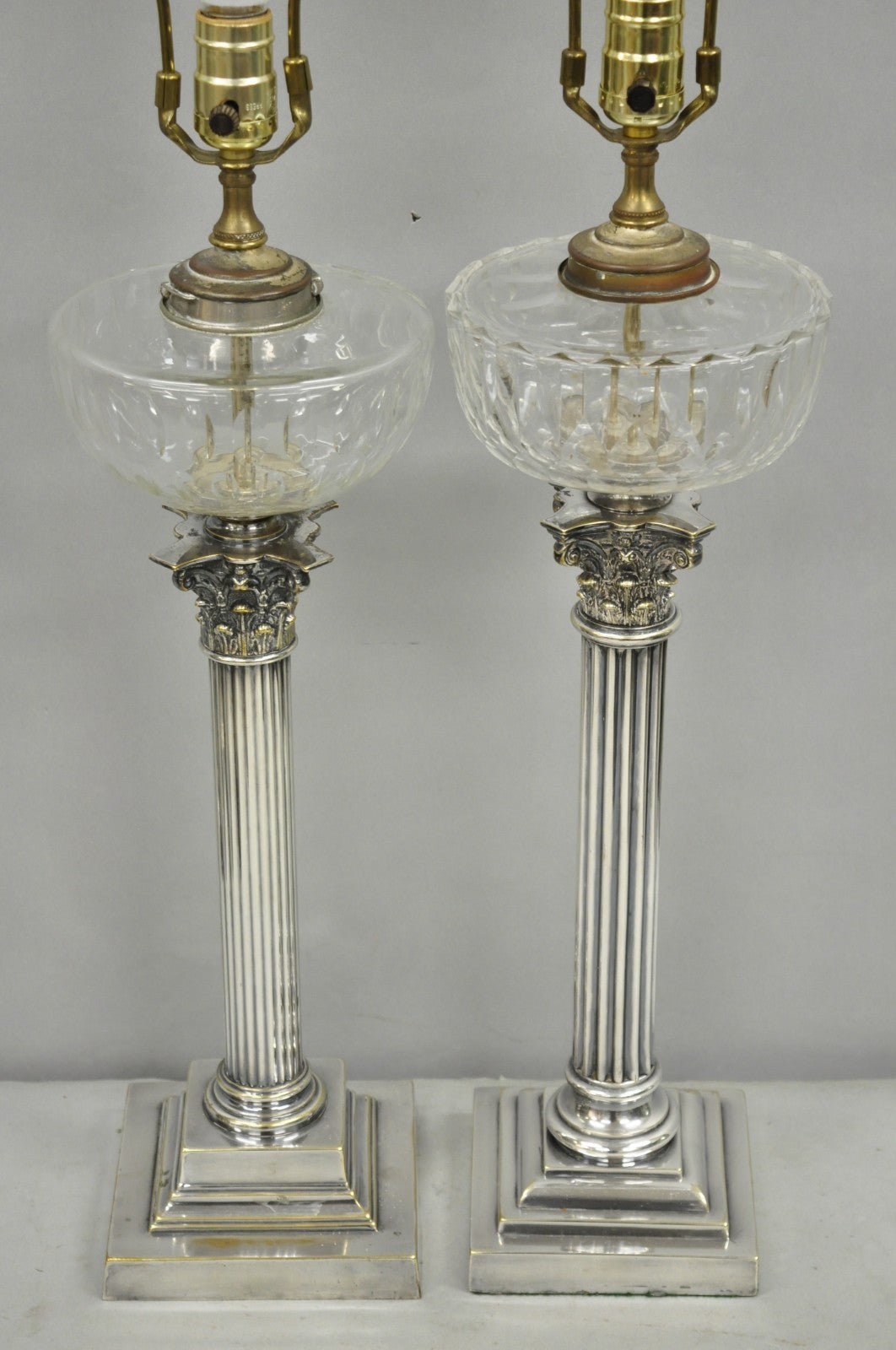 French Empire English Silver Plated Corinthian Column Table Lamp - Near Pair