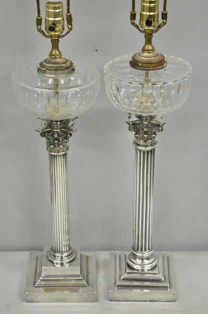 French Empire English Silver Plated Corinthian Column Table Lamp - Near Pair