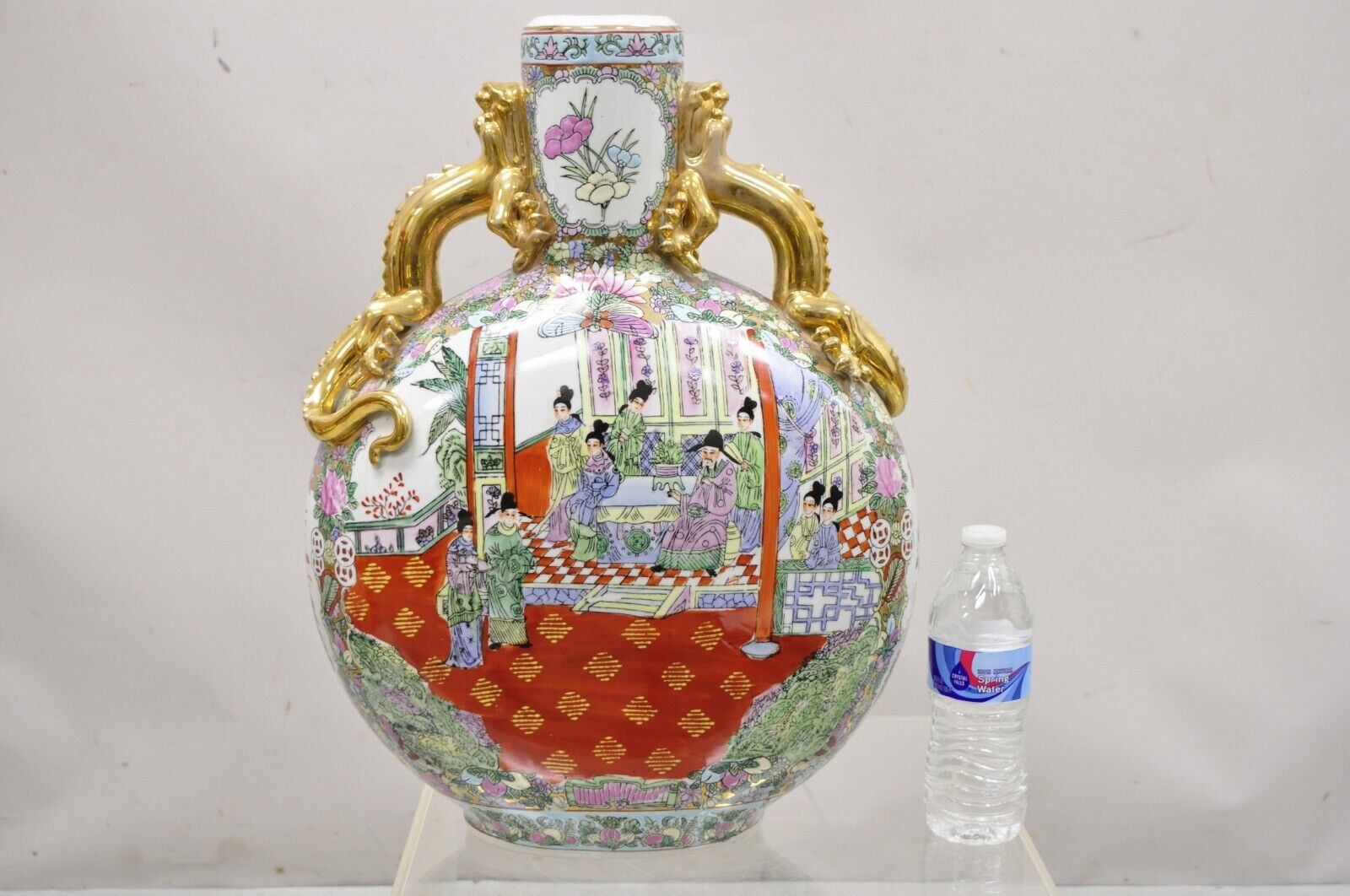 Vtg Chinese Famille Rose Porcelain Figural Orange Moon Flask Vase with Dragons