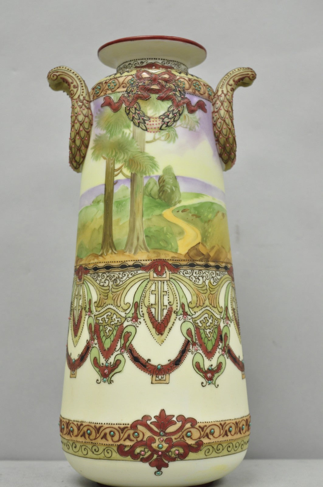 Antique Nippon Hand Painted Porcelain Countryside Moriage Tall Twin Handle Vase
