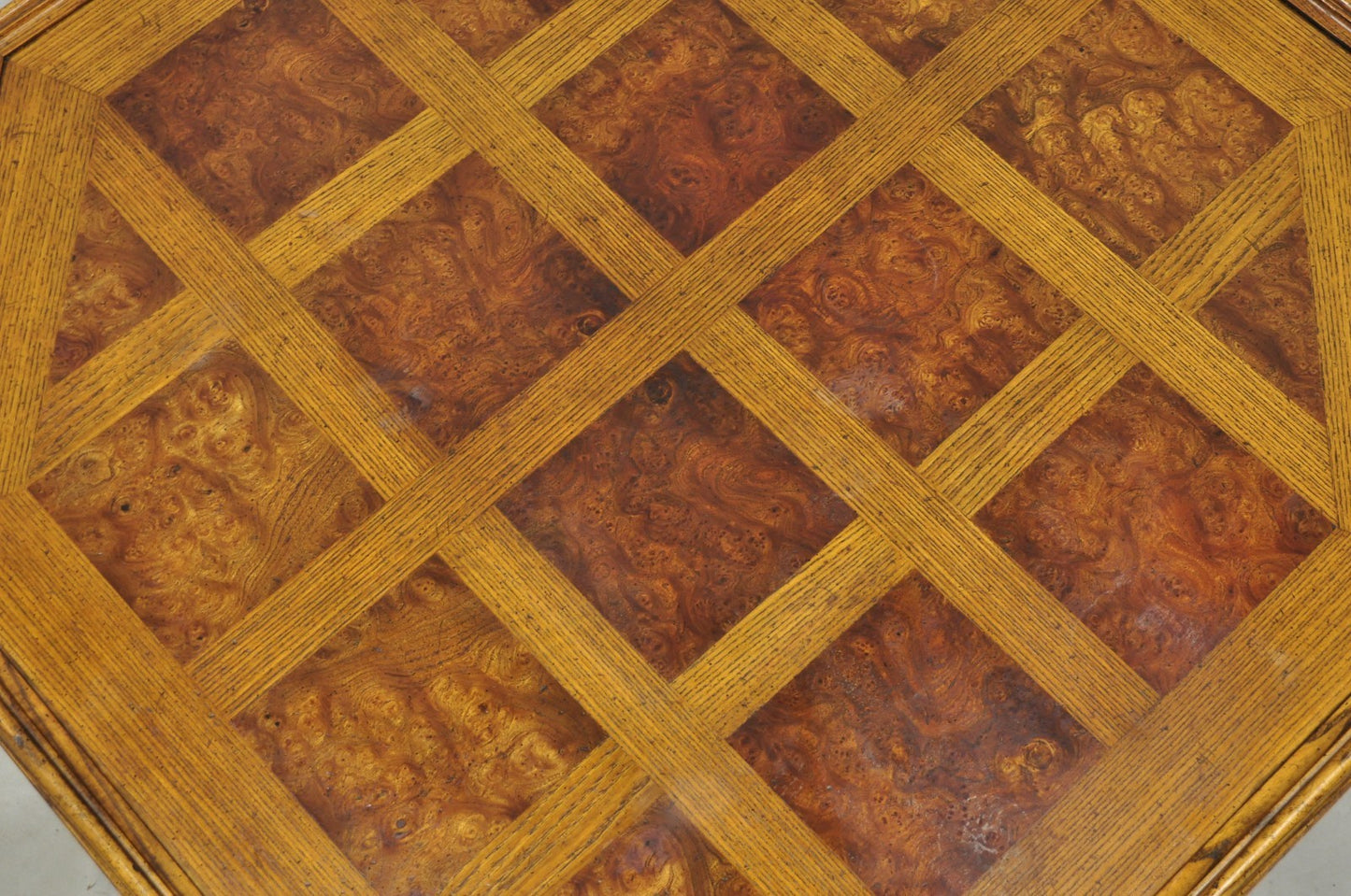 Vintage Baker Barley Twist Oak & Burlwood Parquetry Octagonal Coffee Table
