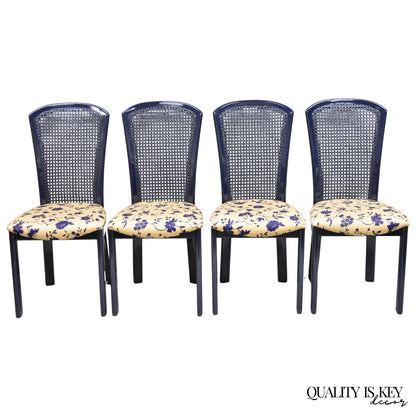 Vintage Italian Hollywood Regency Navy Blue Lacquer Cane Dining Chair - Set of 4