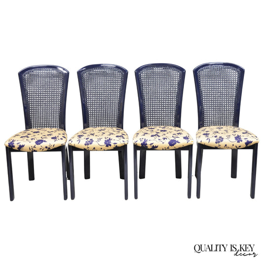 Vintage Italian Hollywood Regency Navy Blue Lacquer Cane Dining Chair - Set of 4