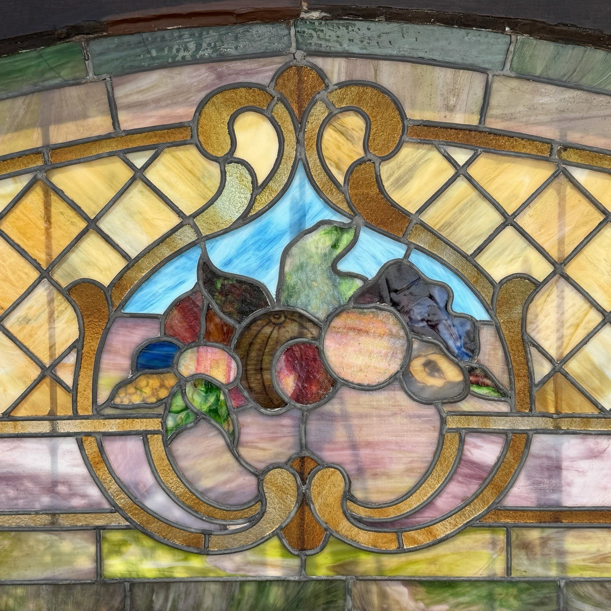 Antique Art Nouveau Colored Stained Glass Fruit 27 x 75 Arched Transom Window, A