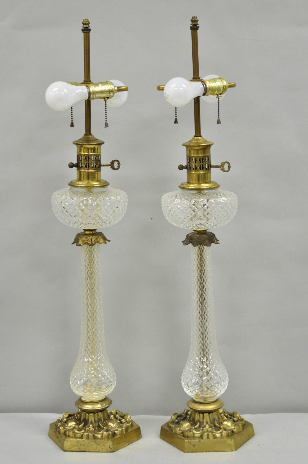 Vintage French Empire Brass & Crystal Glass Column "Oil Lamp" Table Lamps, Pair
