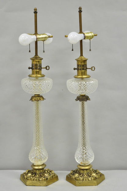 Vintage French Empire Brass & Crystal Glass Column "Oil Lamp" Table Lamps, Pair