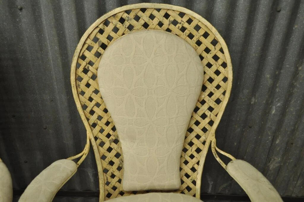 Vintage French Country Wrought Iron Lattice Scrolling Arm Chairs (A) - Pair