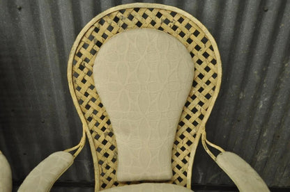 Vintage French Country Wrought Iron Lattice Scrolling Arm Chairs (A) - Pair