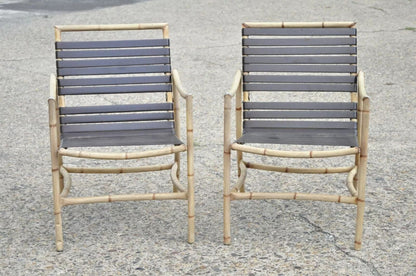 Faux Bamboo Chinese Chippendale Aluminum Vinyl Strap Pool Arm Chairs - a Pair