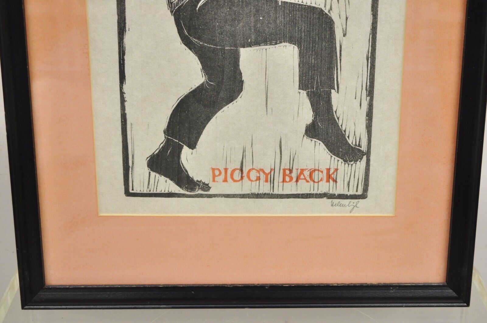 Vintage Helen Siegl "Piggy Back" 1950s Woodcut Print Framed Mid Century Art