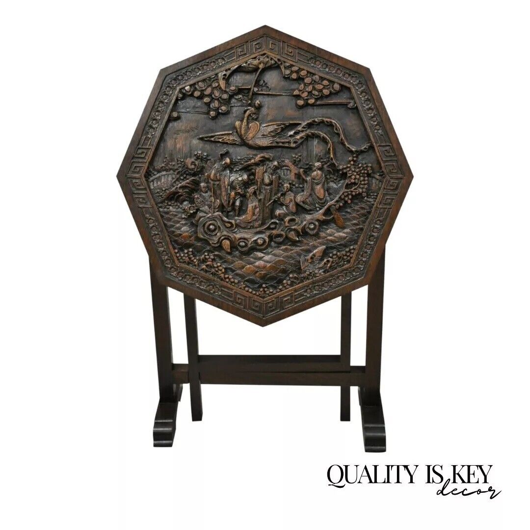 Antique Chinese Carved Hardwood Folding Gate Leg Table with Figural Carvings