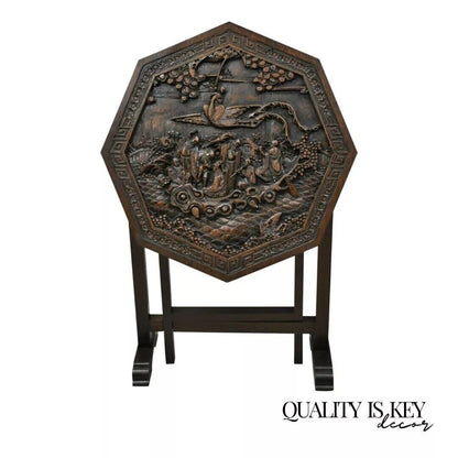 Antique Chinese Carved Hardwood Folding Gate Leg Table with Figural Carvings