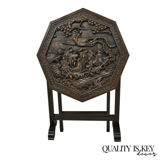 Antique Chinese Carved Hardwood Folding Gate Leg Table with Figural Carvings