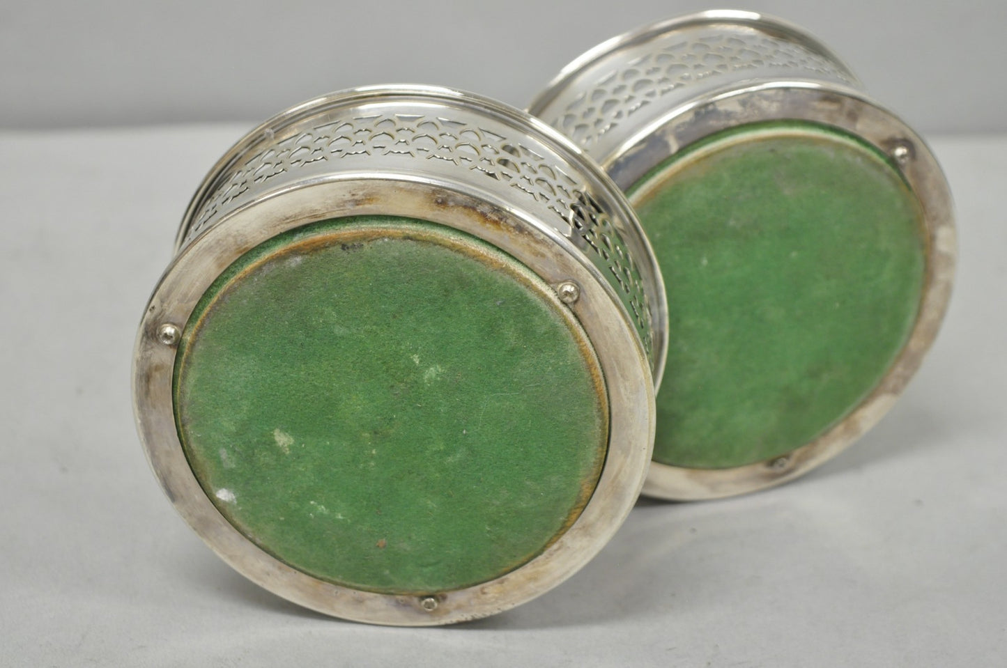 Vintage English Victorian Wood & Silver Plated Bar Wine Bottle Coaster - a Pair